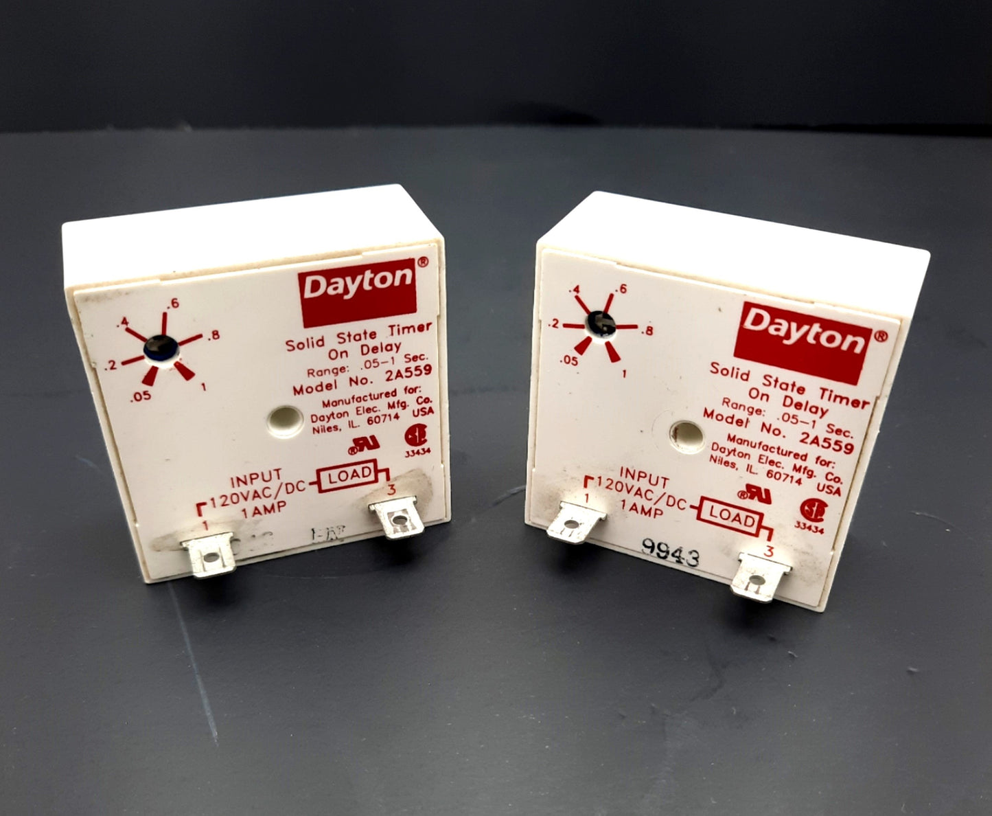 Used Lot of 2 Dayton 2A559 Single Function Encapsulated Timing Relay 12-48VDC 240VAC