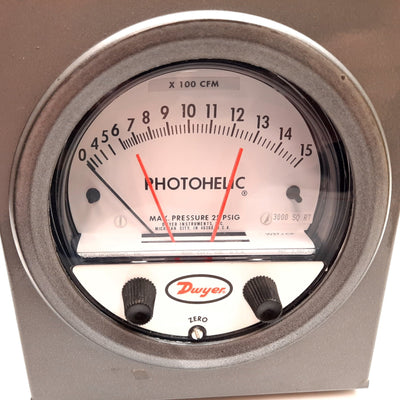 Used Dwyer 3000-SQRT Photohelic Pressure Switch/Gauge, 0-1500CFM, 25psi Max, 1/8" NPT