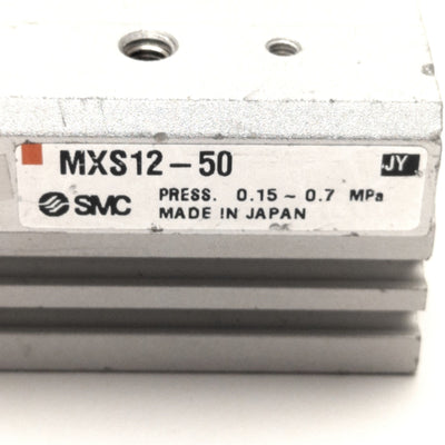 Used SMC MXS12-50 Air Slide Table 12mm Bore 50mm Stroke, M5 Ports, 0.15-0.7MPa