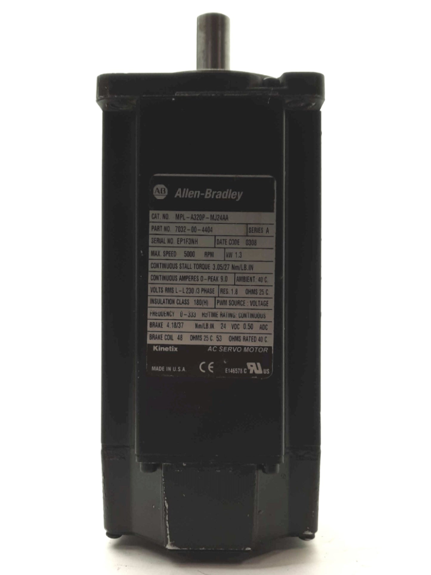 Used Allen Bradley MPL-A320P-MJ24AA Servo Motor, 1.3kW, 230VAC, 100mm Frame w/Brake