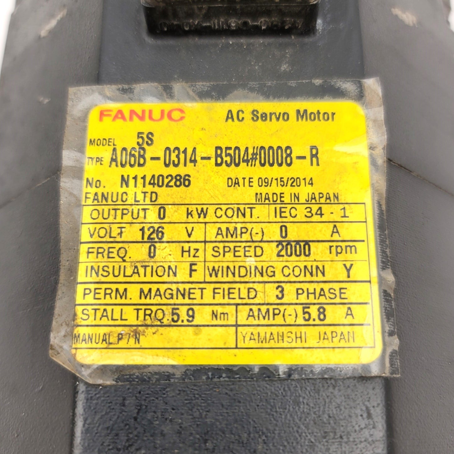 Used Fanuc A06B-0314-B504#0008 Model 5S AC Servo Motor 2000RPM, 5.9Nm, 2000PPR, 130mm