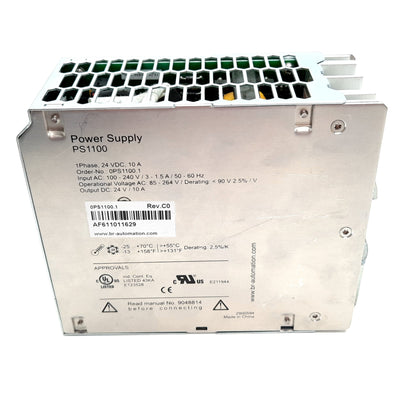 Used B&R Automation PS1100 Power Supply, Input: 100-240VAC 3-1.5A, Output: 24VDC 10A