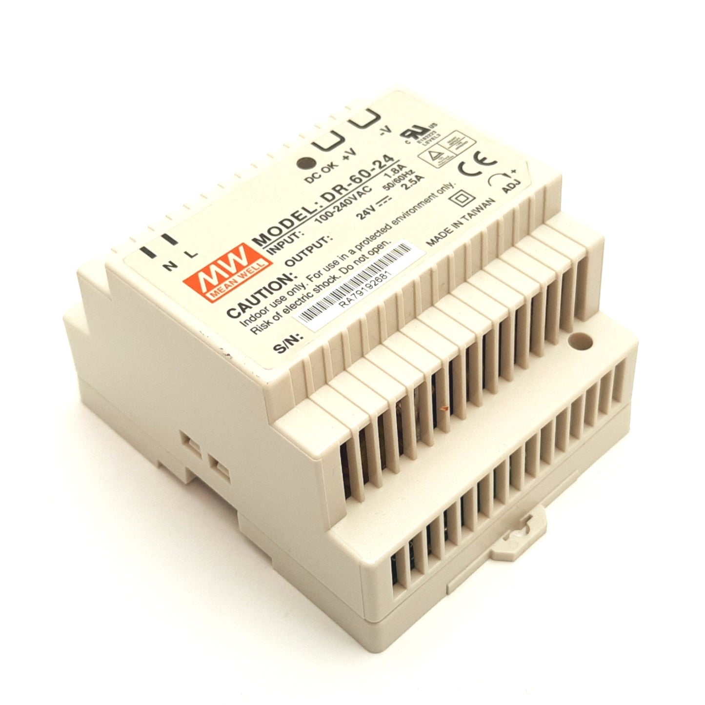 Used Mean Well DR-60-24 Power Supply, Input: 100-240VAC 1.8A, Output: 24VDC 2.5A