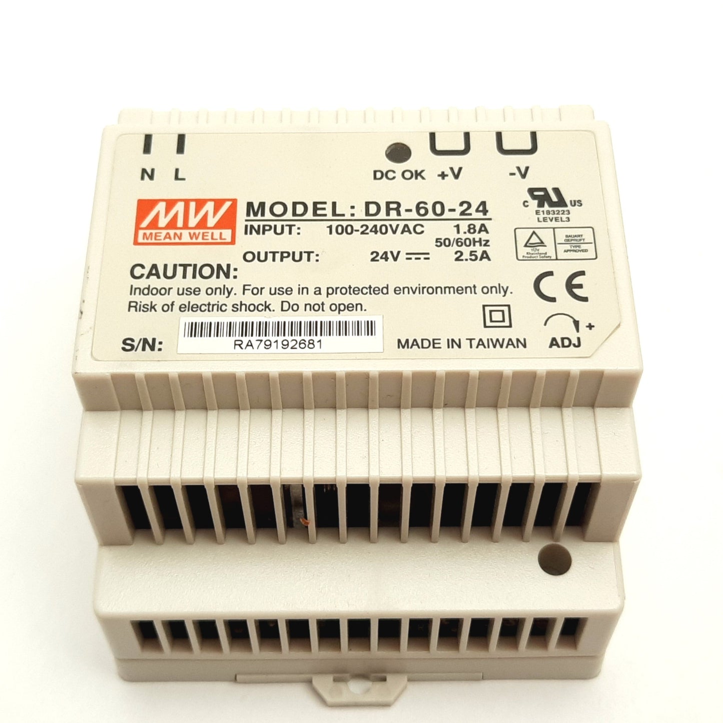 Used Mean Well DR-60-24 Power Supply, Input: 100-240VAC 1.8A, Output: 24VDC 2.5A