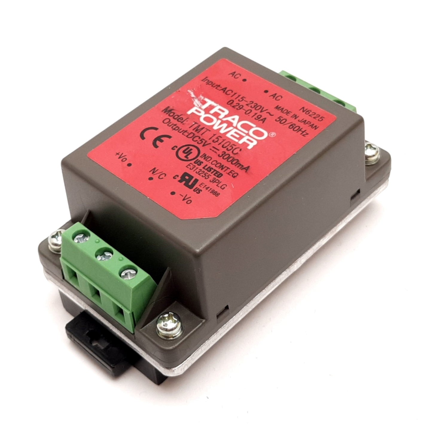 Used Traco Power TMT 15105C Power Supply, Input: 115-230VAC, Output: 5VDC 3000mA 15W