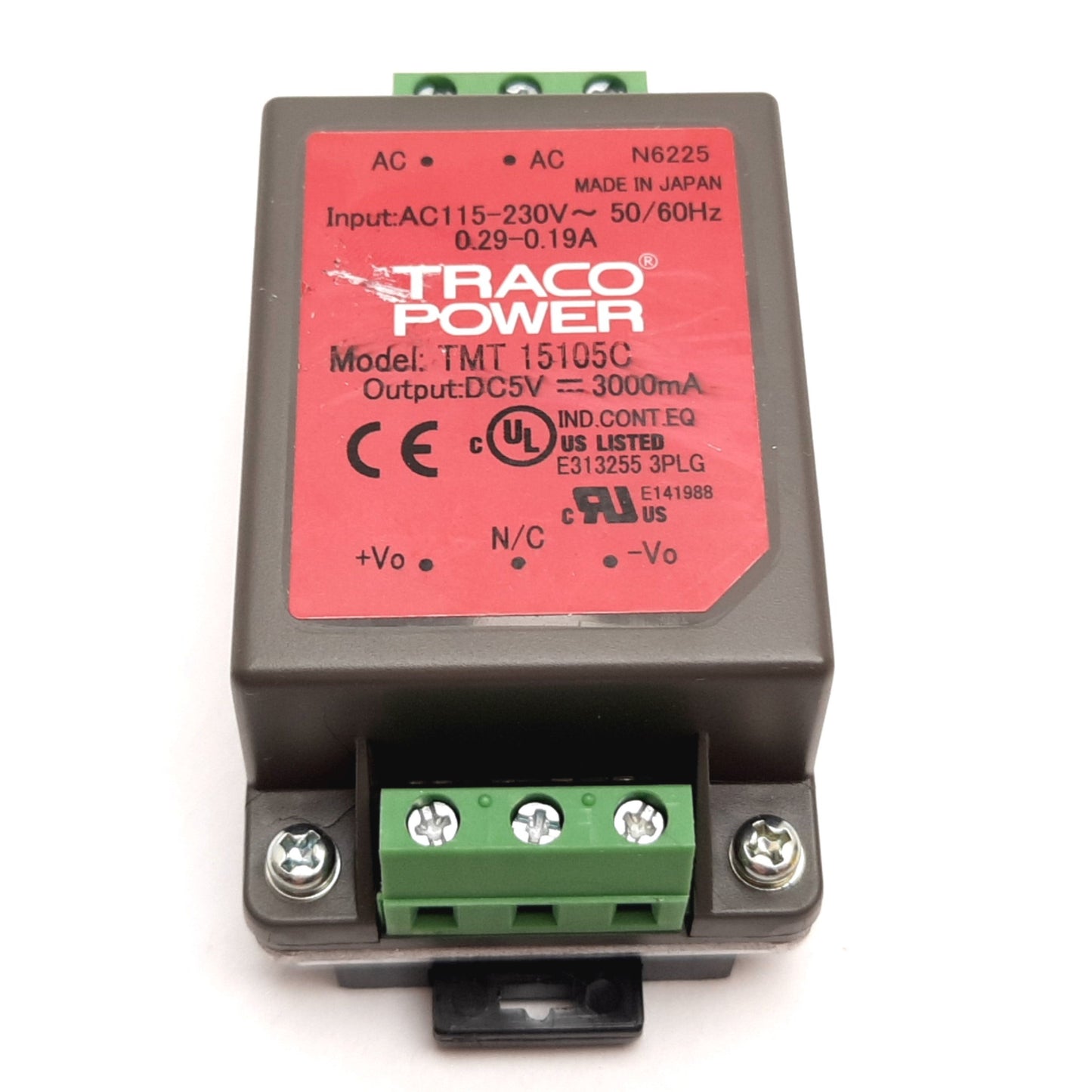 Used Traco Power TMT 15105C Power Supply, Input: 115-230VAC, Output: 5VDC 3000mA 15W