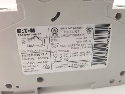Used Eaton FAZ-C15/1-NA Miniature Circuit Breaker 1-Pole C-Curve, 15A 277VAC 48VDC