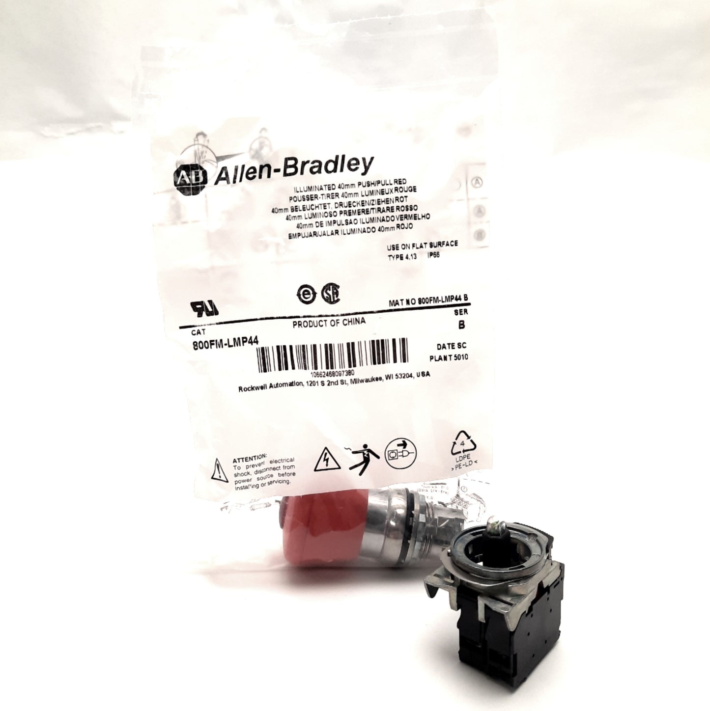 New – Open box Allen-Bradley 800FM-LMP44 Push-Pull Operator 22mm, 24v AC/DC, With 1 NC Contact