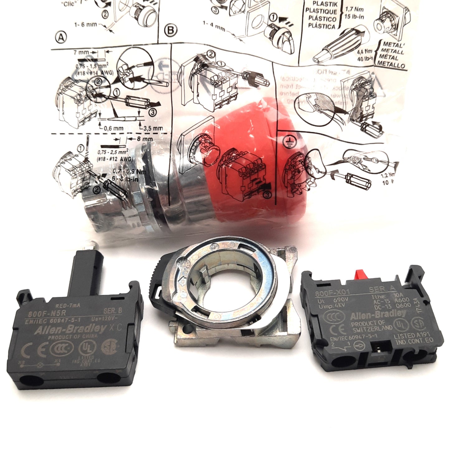 New – Open box Allen-Bradley 800FM-LMP44 Push-Pull Operator 22mm, 24v AC/DC, With 1 NC Contact