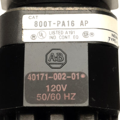 Used Allen Bradley 800T-PA16 AP Pushbutton W/ 800T-XAP & 40171-00201, 120v AC, Amber