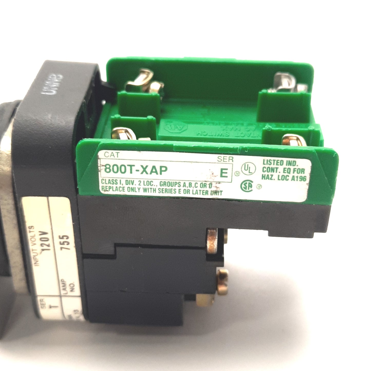 Used Allen Bradley 800T-PA16 AP Pushbutton W/ 800T-XAP & 40171-00201, 120v AC, Amber