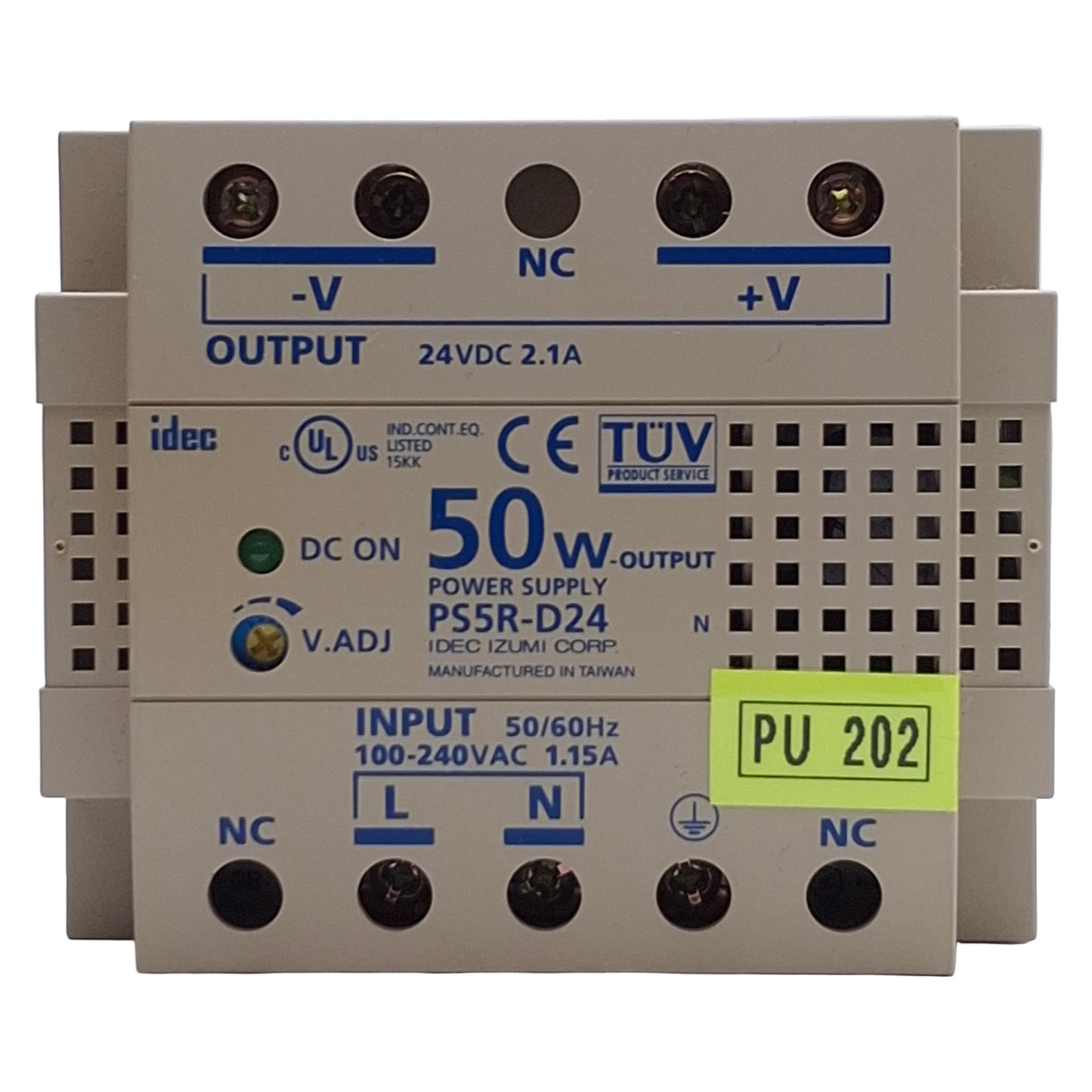 Used Idec PS5R-D24 Switching Power Supply, Input: 100-240VAC, Output: 24VDC 2.1A 50W