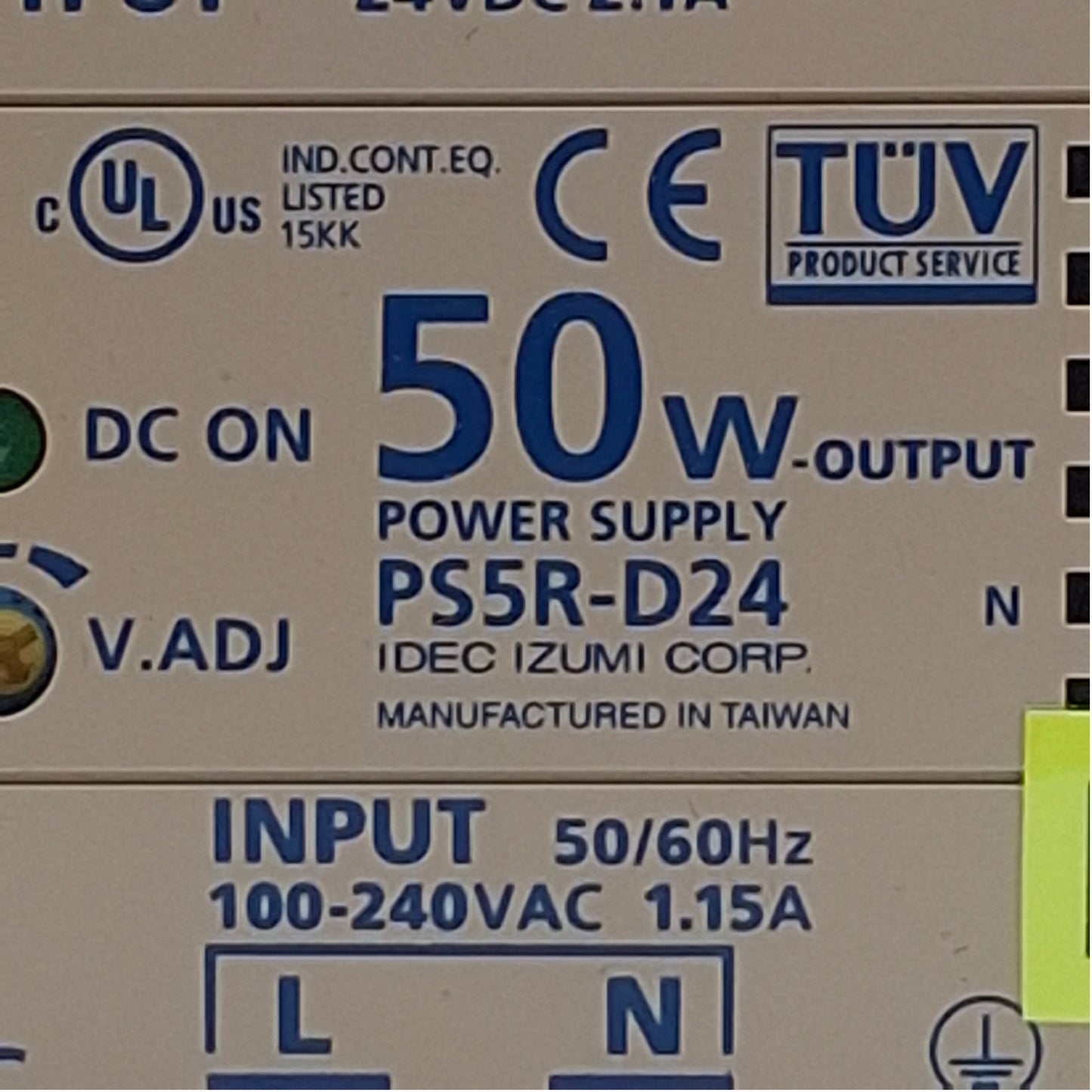 Used Idec PS5R-D24 Switching Power Supply, Input: 100-240VAC, Output: 24VDC 2.1A 50W