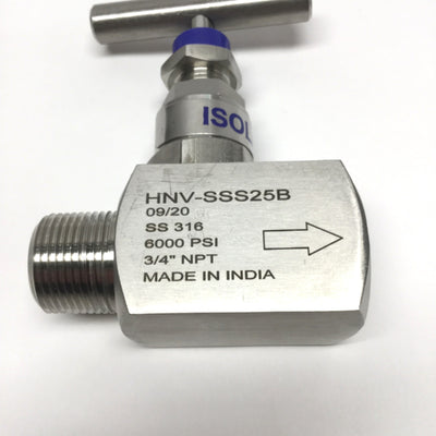 Used WE Anderson HNV-SSS25B Stainless Steel 316 Needle Valve, 3/4" NPT M x F, 6000psi
