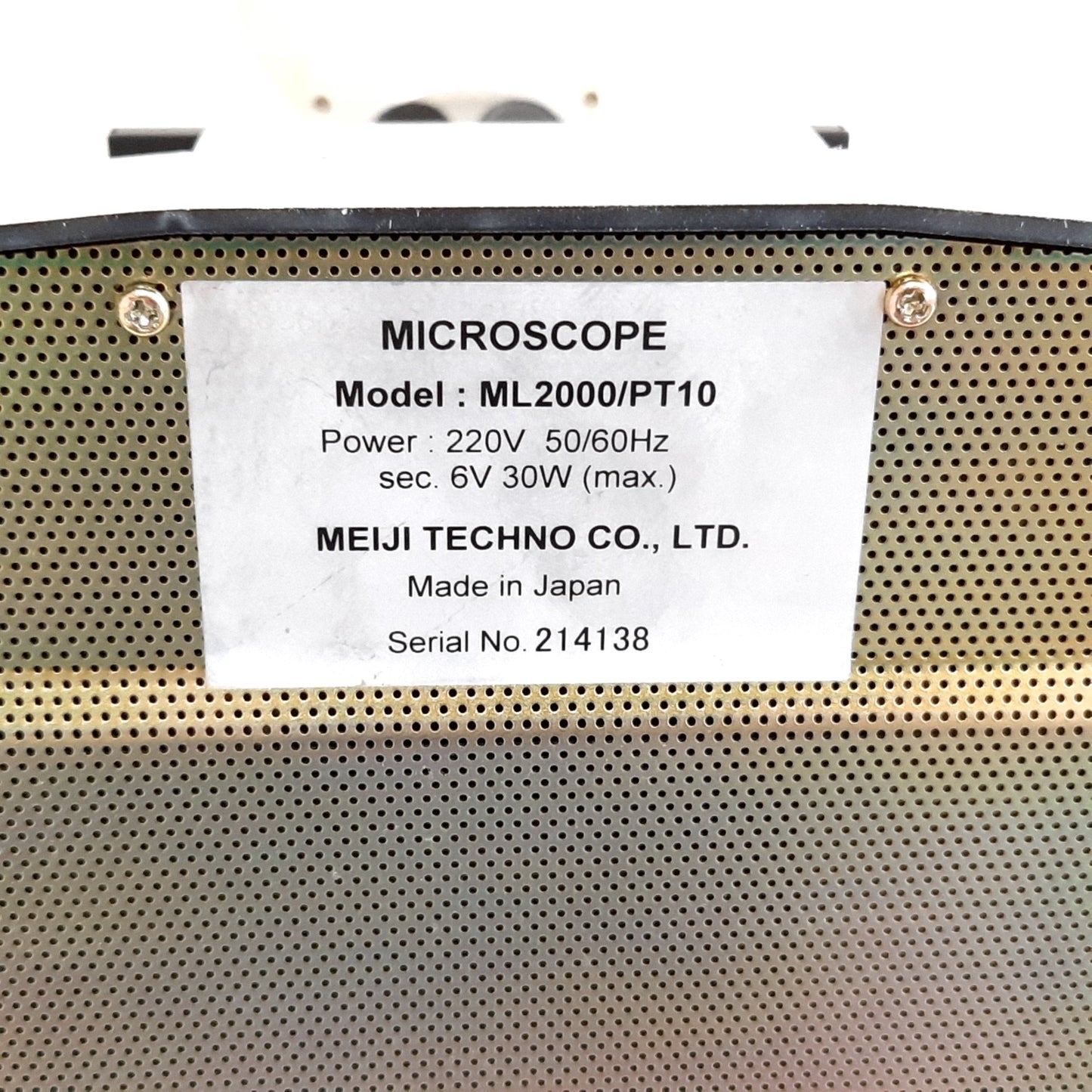 Used Meiji Techno ML2000/PT10 Metallurgical Microscope, Objective S.Plan M20X, 220VAC
