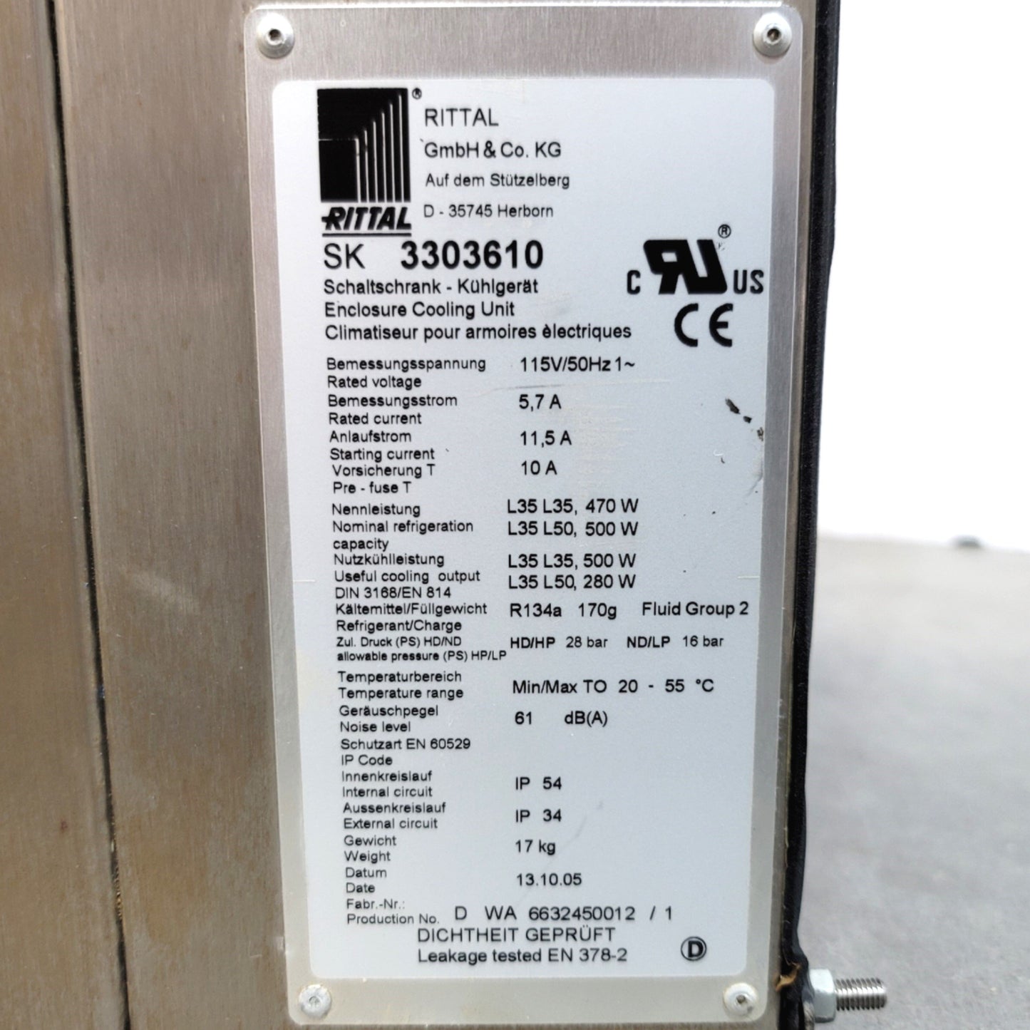 Used Rittal SK 3303.610 TopTherm Wall Mounted Cooling Unit 500W, 115VAC 5.7A, 20-50°C