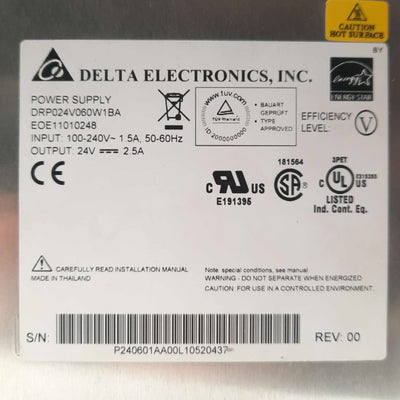 Used Delta Electronics DRP024V060W1BA Power Supply, Out: 24VDC 2.5A, In: 100-240VAC