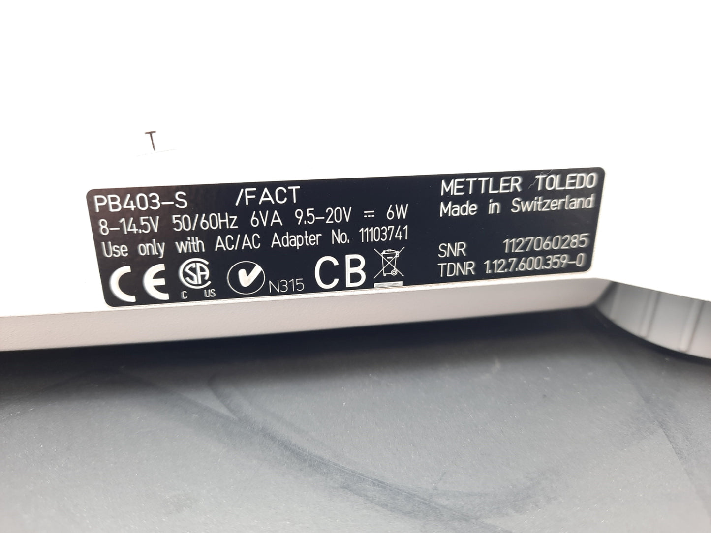Used Mettler Toledo PB403-S/Fact Analytical Balance Lab Scale 14.5V 6VA, 9.5-20VDC 6W