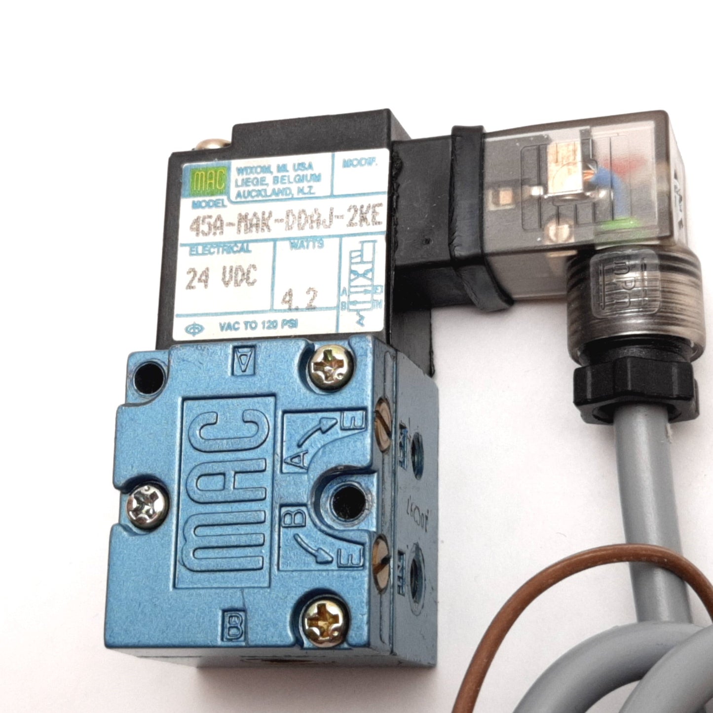 Used MAC 45A-MAK-DDAJ-2KE Solenoid Valve, 2-Position 4-Port, 24VDC, Vac to 120psi