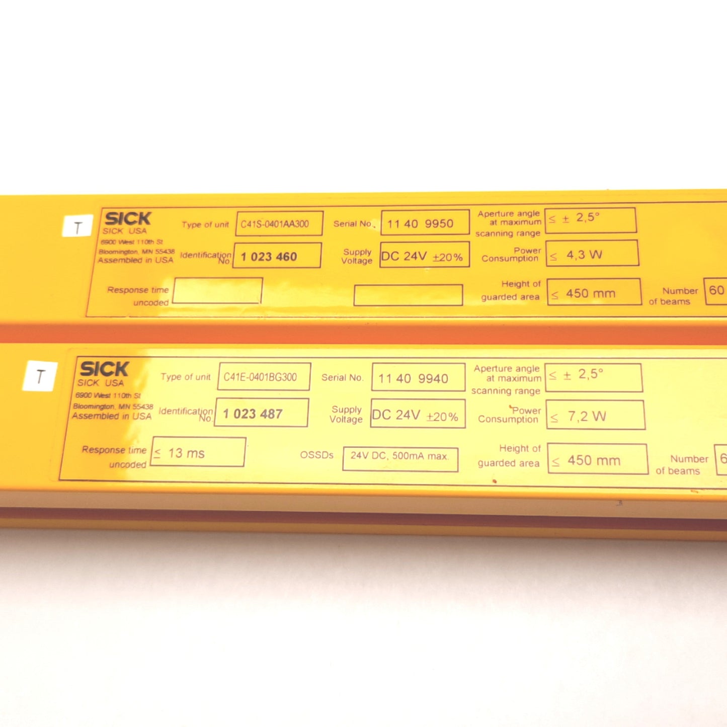 Used Sick C41E-0401BG300 C41S-0401AA300 Light Curtain Set, 24VDC, 450mm, Range: 5m