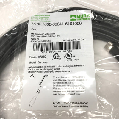 New Murr Elektronik 7000-08041-6101000 Sensor Cable Cordset M8 3-Pin Female, 10m