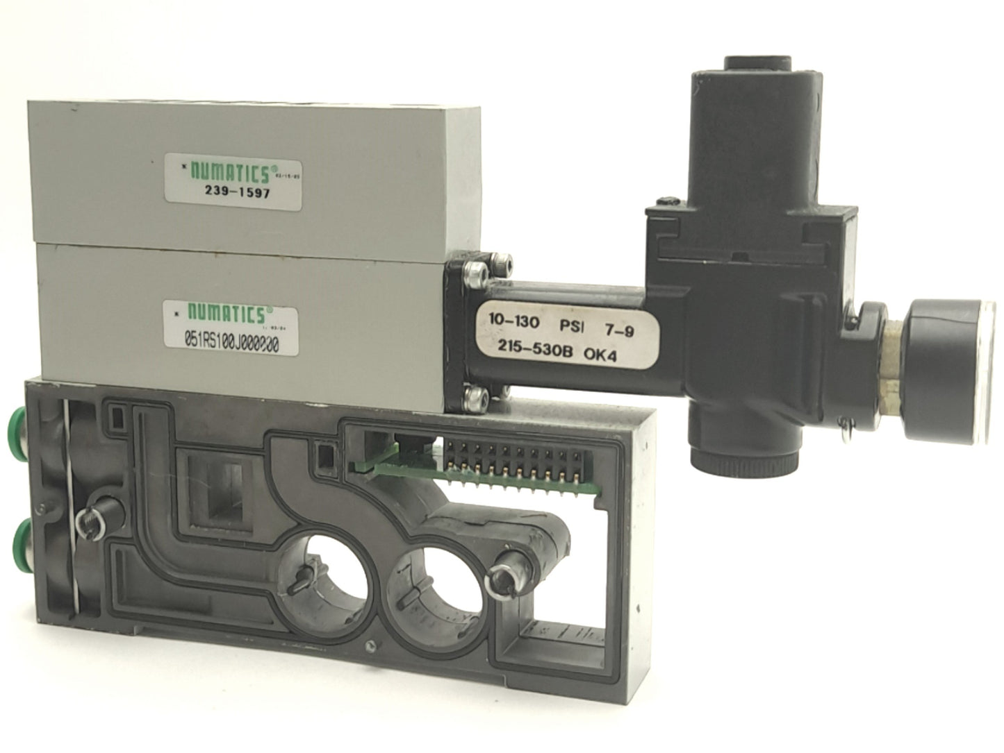 Used Numatics 239-1597, 256-151 Speed Control and Pressure Regulator on Manifold Base