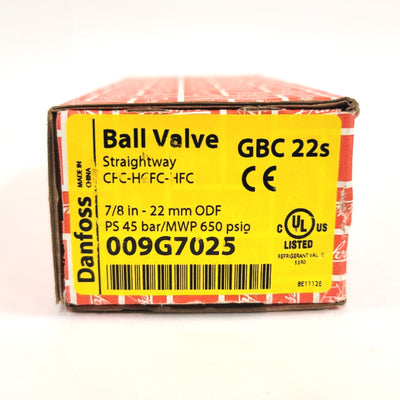 New Danfoss 009G7025 Refrigerant Shut-Off Ball Valve 7/8" ODF Solder 650psig/45bar
