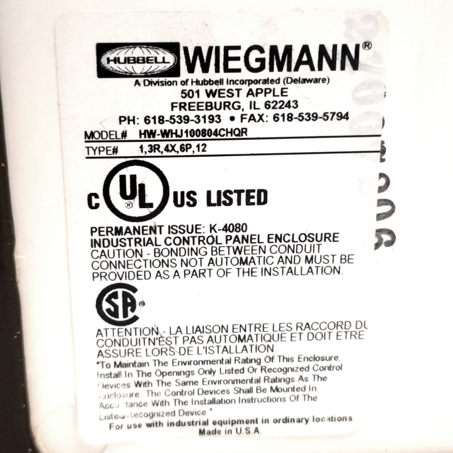 Used Wiegmann HW-WHJ100804CHQR Type 4X Fiberglass Enclosure, 10" x 8" x 4"