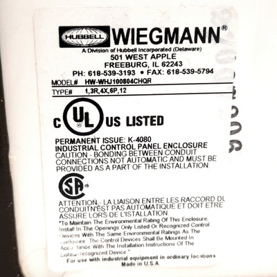Used Wiegmann HW-WHJ100804CHQR Type 4X Fiberglass Enclosure, 10" x 8" x 4"