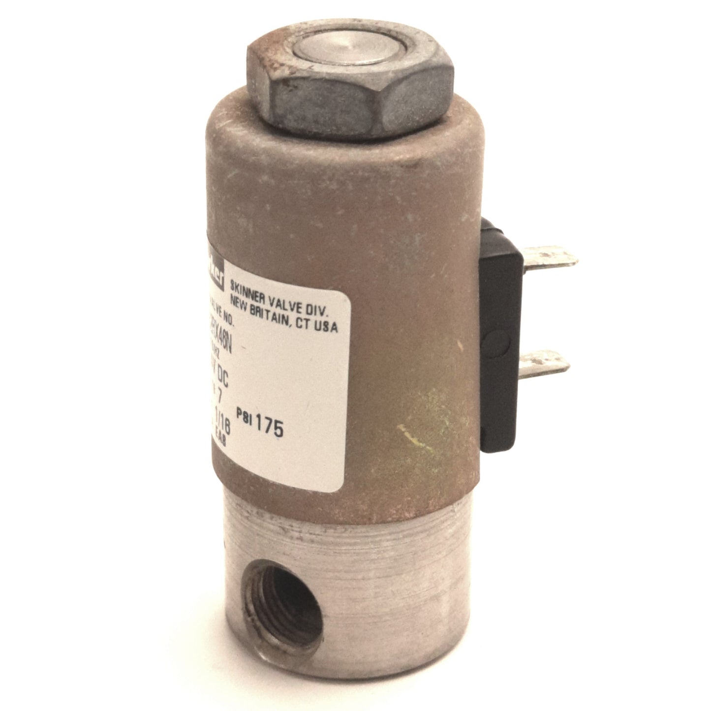 Used Parker B2RX46N Skinner Solenoid Valve 175 Psi, 1/8" NPT, 2-Blade, 24v DC Coil