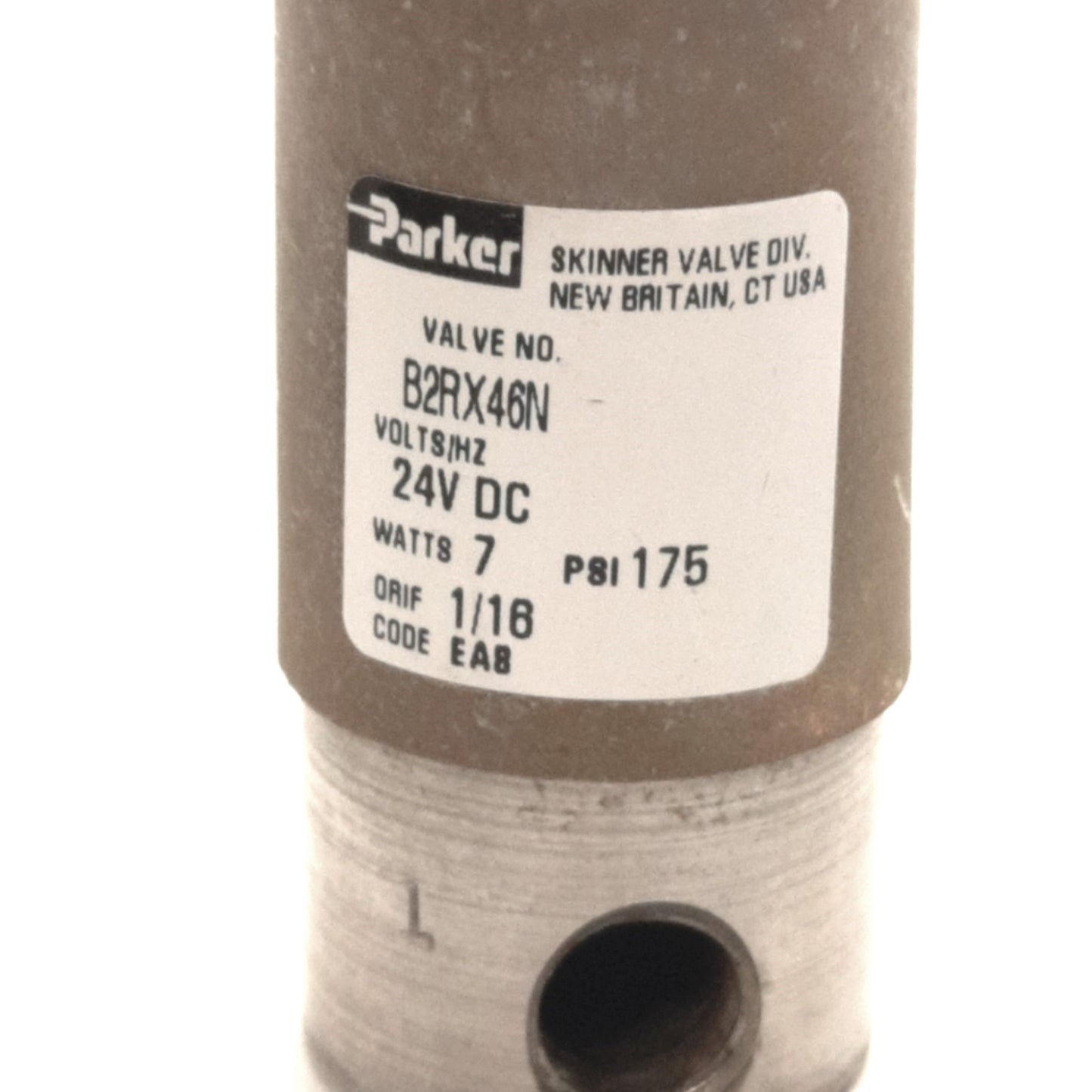 Used Parker B2RX46N Skinner Solenoid Valve 175 Psi, 1/8" NPT, 2-Blade, 24v DC Coil