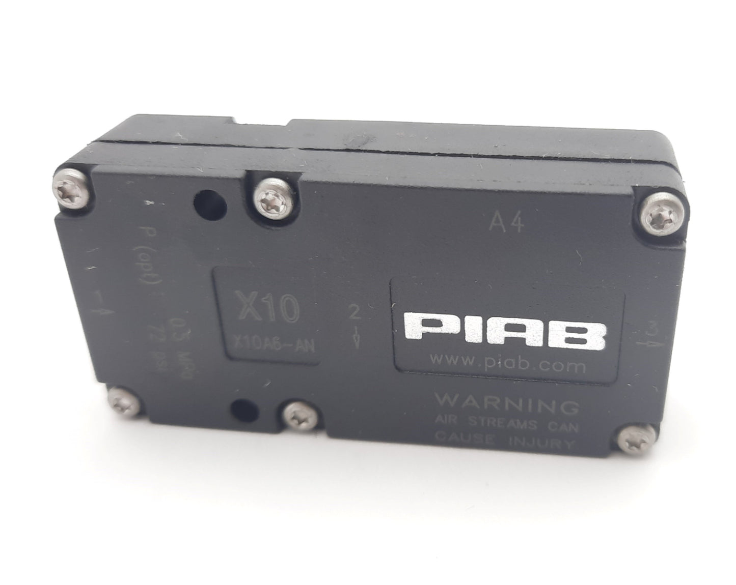 Used Piab X10A6-AN Vacuum Pump 24.5inHg 87 PSI 0.6MPa Max In 1/8"NPT Out 10-32