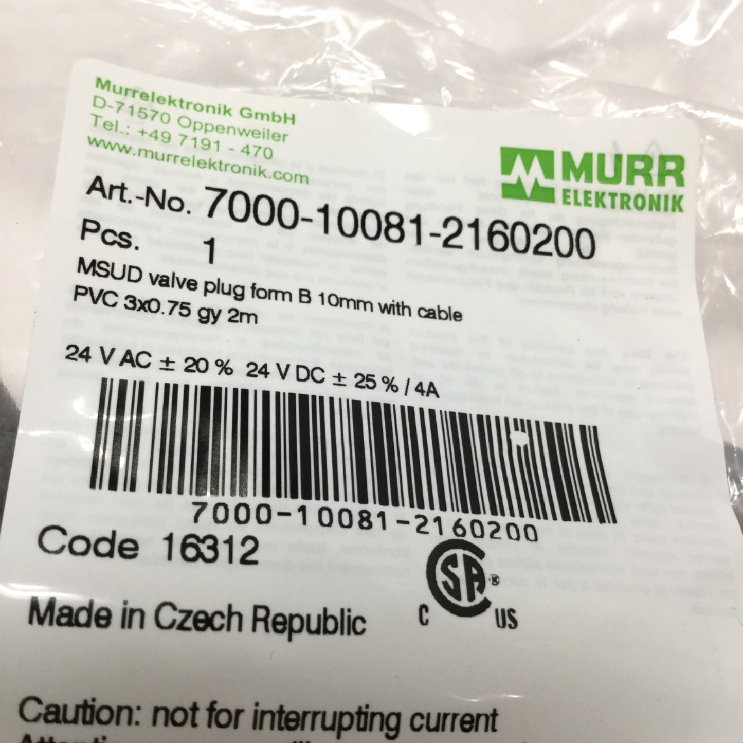 New Lot of 2 Murr 7000-10081-2160200 Cable Cordset, MSUD Valve Plug Form B 10mm, 2m