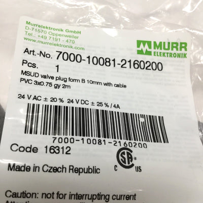 New Lot of 2 Murr 7000-10081-2160200 Cable Cordset, MSUD Valve Plug Form B 10mm, 2m