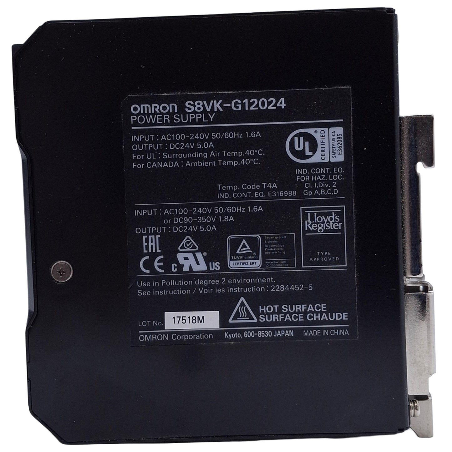 Used Omron S8VK-G12024 Switch Mode Power Supply, Input: 100-240VAC, Output: 24VDC 5A