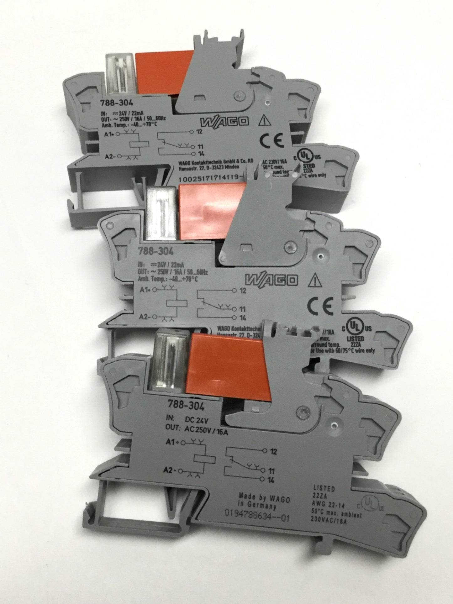 Used Lot of 3 Wago 788-304 Power Relay Module, 24VDC In, SPDT 16A 250VAC Out
