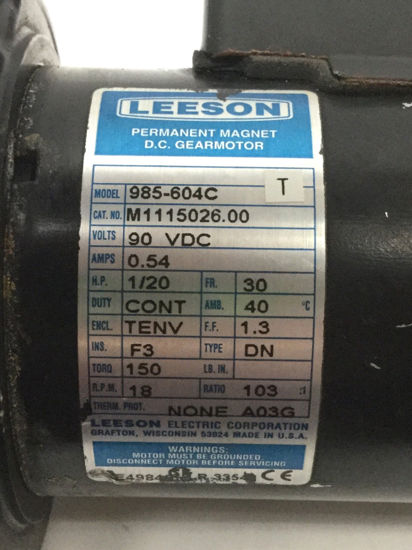 Used LEESON 985-604C Permanent Magnet DC Gearmotor 90VDC, 1/20HP, 103:1 Ratio, 18RPM