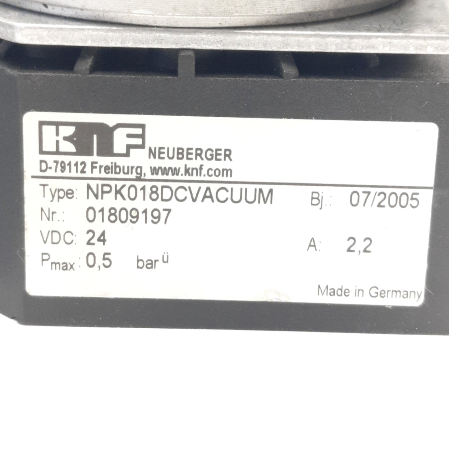 Used KNF NPK018DCVACUUM Swing Piston Vacuum Pump 120mbar Max, 18L/Min, 24v DC 2.2A