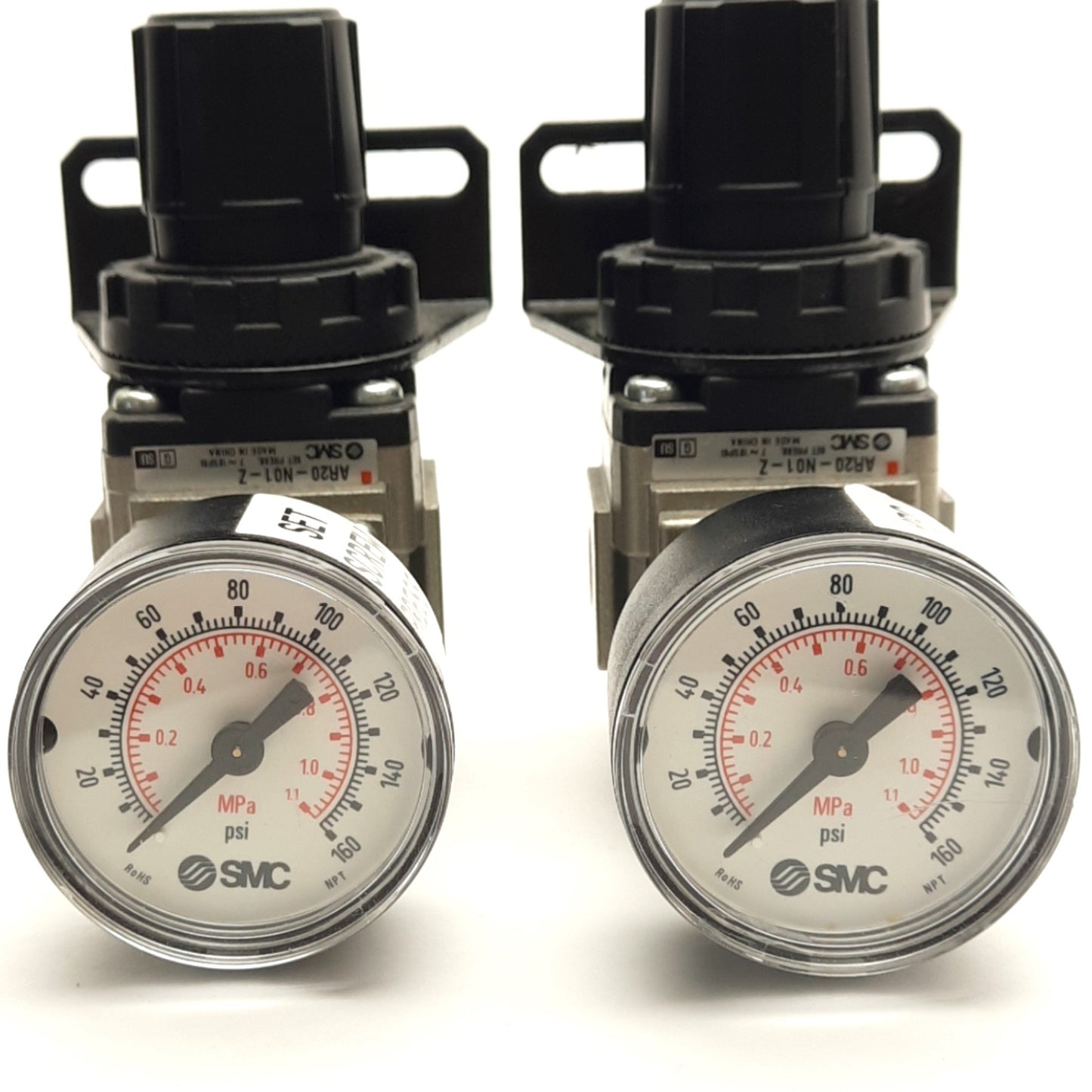 Used Lot of 2 SMC AR20-N01-Z Air Pressure Regulators 7-125psi, 1/8" NPT w/Gauge