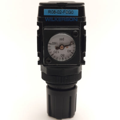 Used Wilkerson R08-02-F0G0 Pneumatic Pressure Regulator w/ Gauge 0-125PSIG, 1/4" NPT