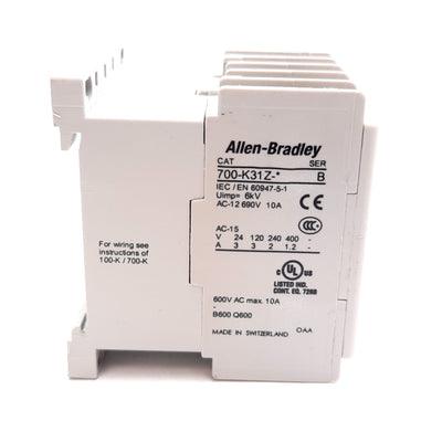 Used Allen Bradley 700-K31Z-* Control Relay, 4-Pole, 3NO-1NC, Coil: 24VDC, 600VAC 10A