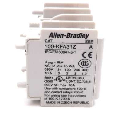 Used Allen Bradley 100-KFA31Z Auxiliary Contact Block, 4-Pole 3x N/O 1x N/C, 600V 10A