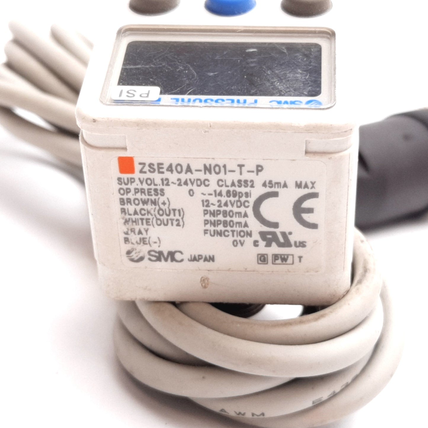 Used SMC ZSE40A-N01-T-P Vacuum Switch, 0 to -14.69psi, 12-24VDC, PNP, 1/8" NPT