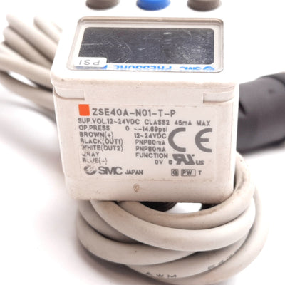Used SMC ZSE40A-N01-T-P Vacuum Switch, 0 to -14.69psi, 12-24VDC, PNP, 1/8" NPT