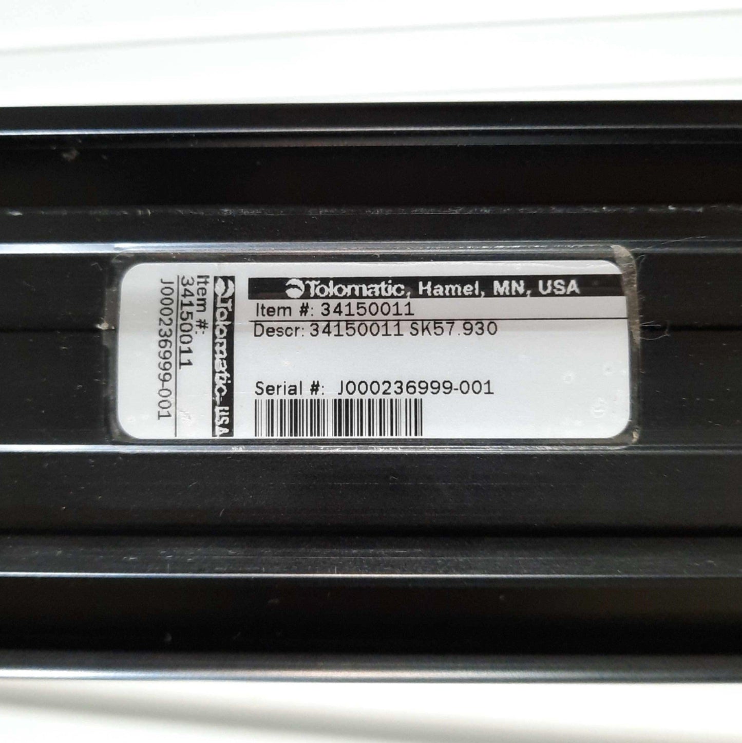 Used Tolomatic BC315 SK57 Pneumatic Cylinder, 1.5" Bore, 57" Stroke, 1454lbs, 3/8"NPT