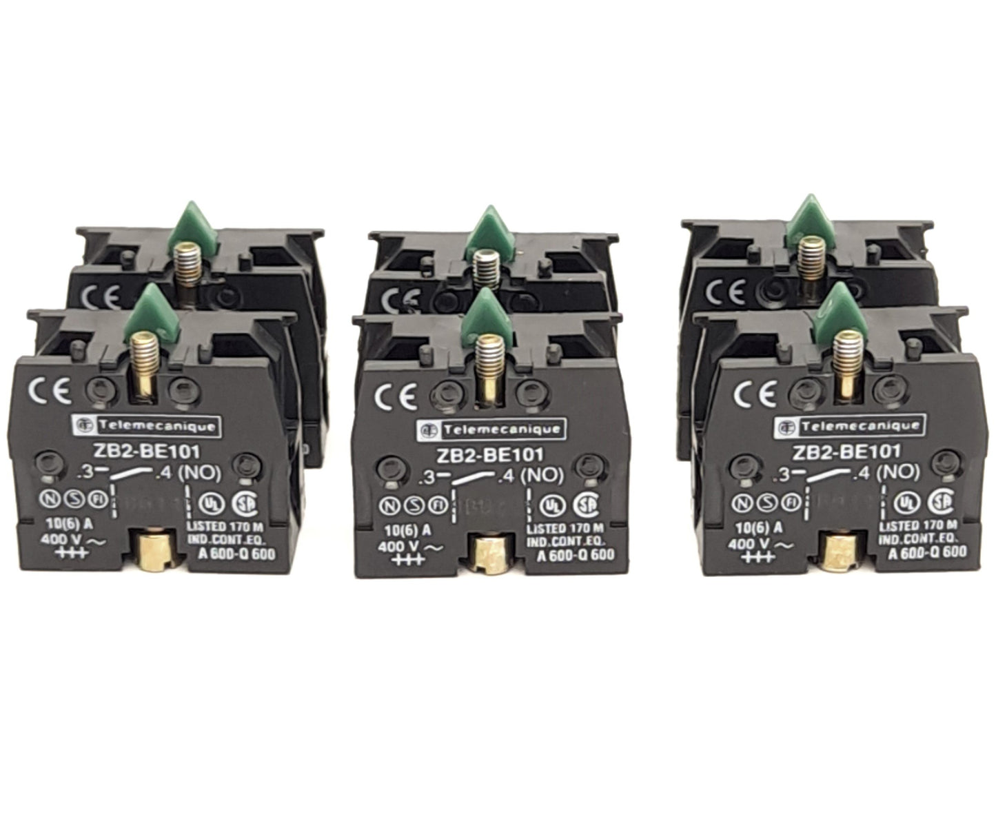 Used Lot of 6 Telemecanique ZB2-BE101 Contact Blocks, 1 NO Contact, 600V, 10A
