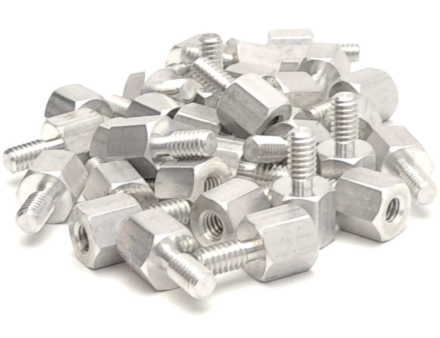 Used Lot of 31 Aluminum Male-Female Hex Standoffs, 1/4" Thread, 1/2" Hex, 1" Long