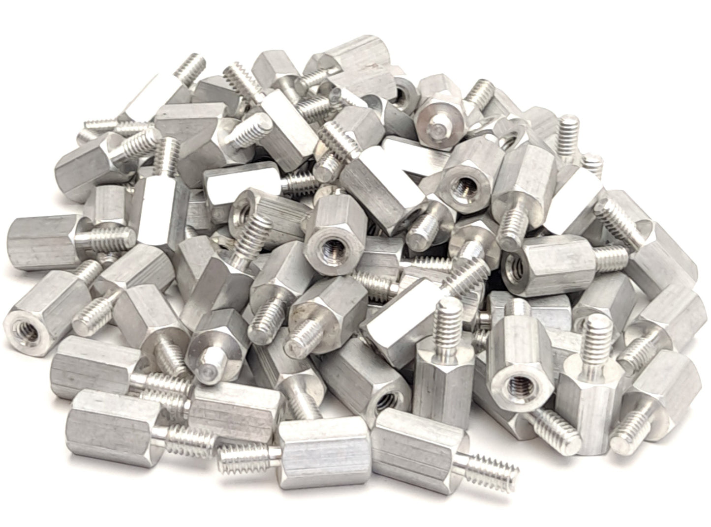 Used Lot of 101 1-1/4" Aluminum Male-Female Hex Standoffs, 1/4" Thread, 1/2" Hex