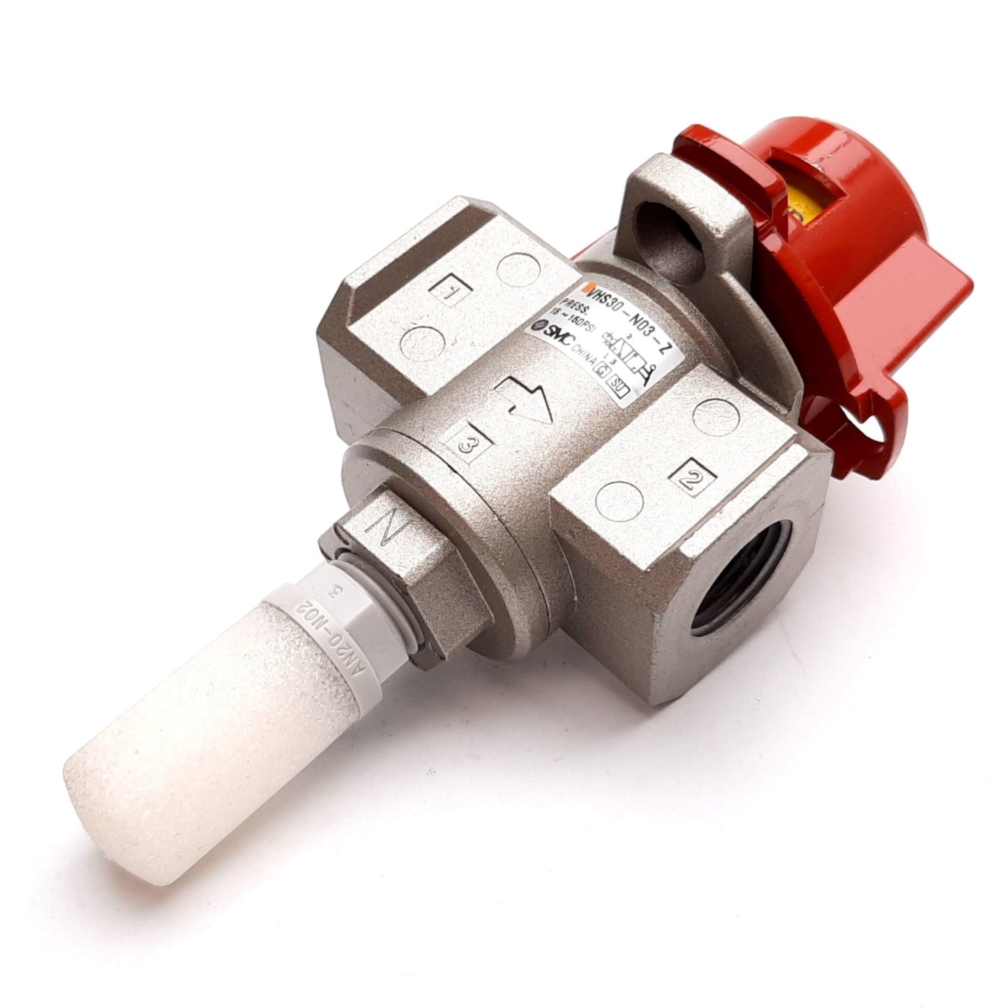 Used SMC VHS30-N03-Z Lock Out Valve, 3-Port, 15-150psi, 3/8" NPT, 1/4" NPT