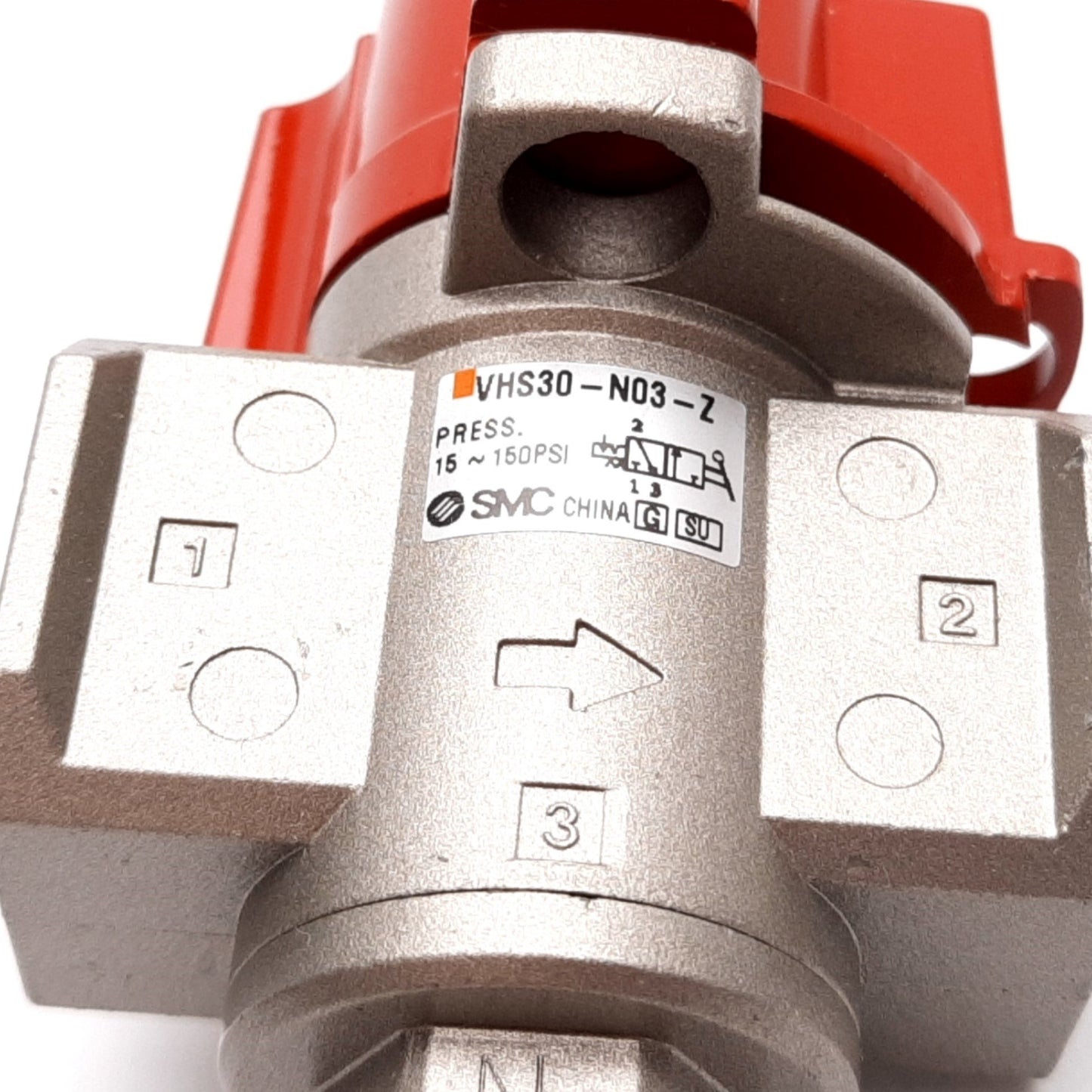 Used SMC VHS30-N03-Z Lock Out Valve, 3-Port, 15-150psi, 3/8" NPT, 1/4" NPT